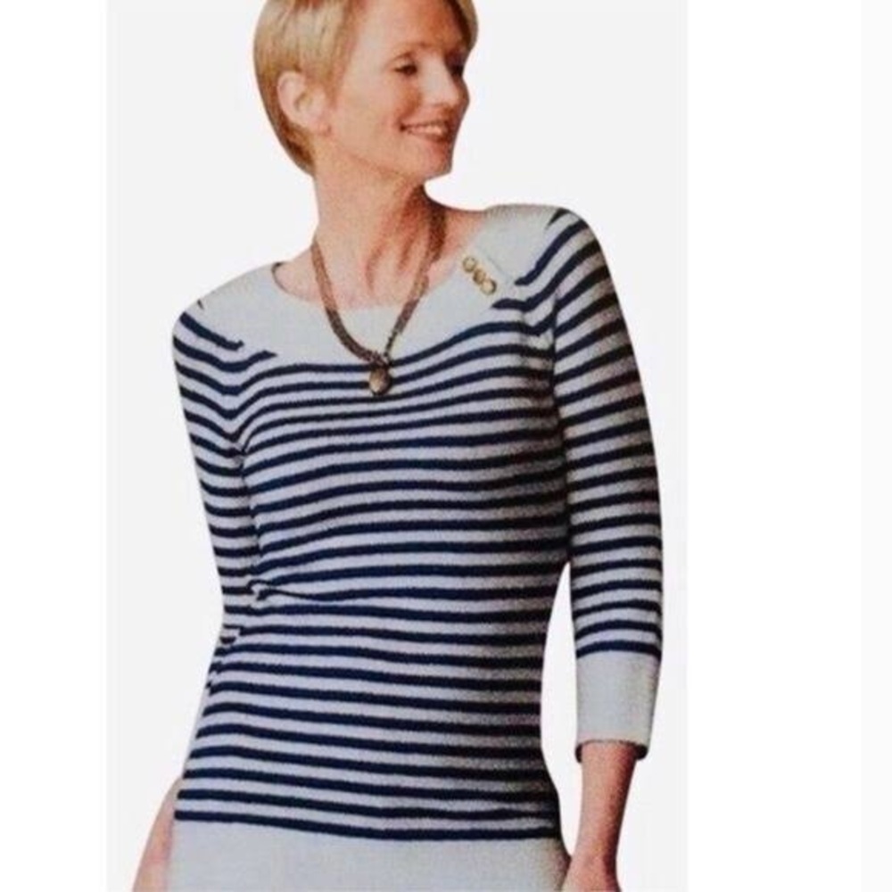 CAbi Navy and Cream Striped Sweater